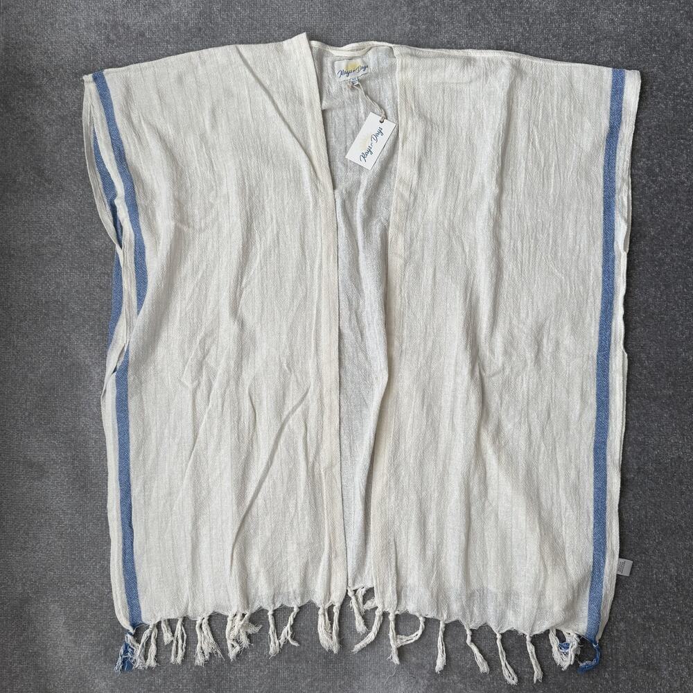 Rays for Days Beach Cover Up Womens One Size Cream Blue Cotton Fringe Kimono